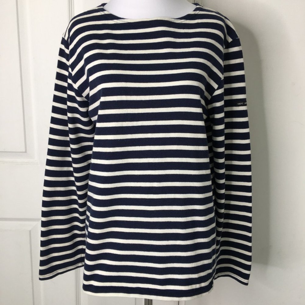 Saint James Womens Long Sleeve Striped Blue and White T Shirt Size Small